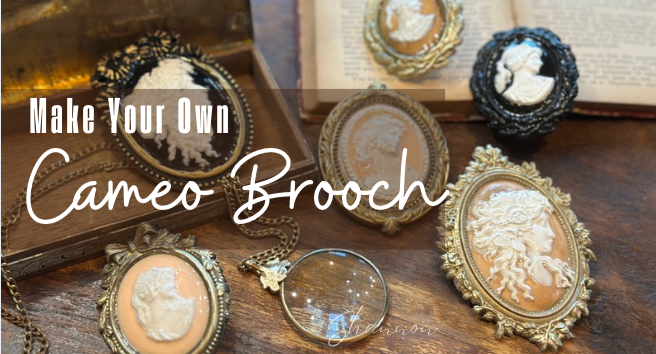 DIY antique brooches made with IOD Vintage Brooches mould, featuring resin, gold accents, and velvet powder for a vintage look