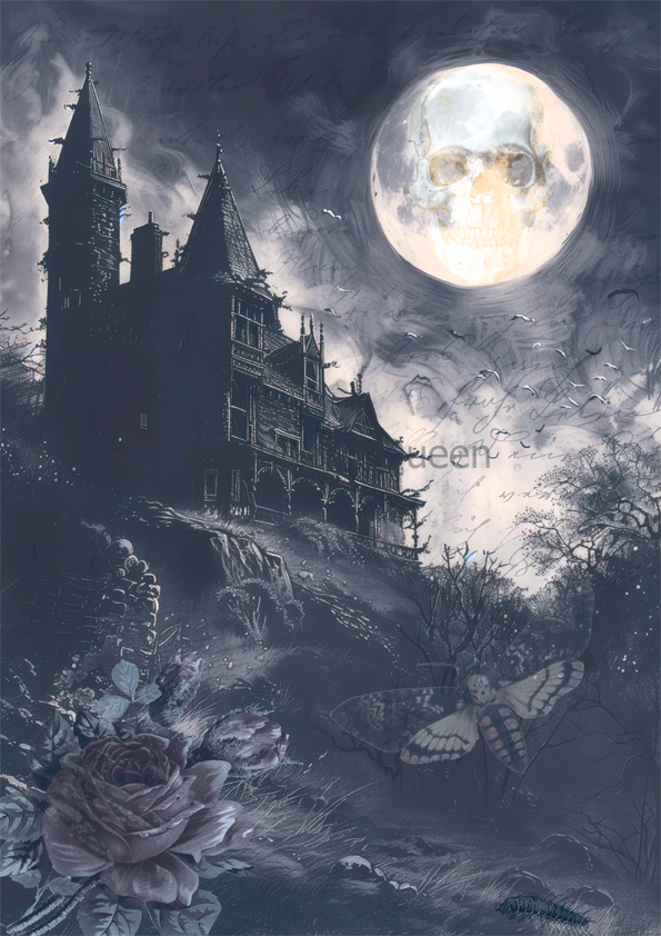 haunted house with moon rice paper