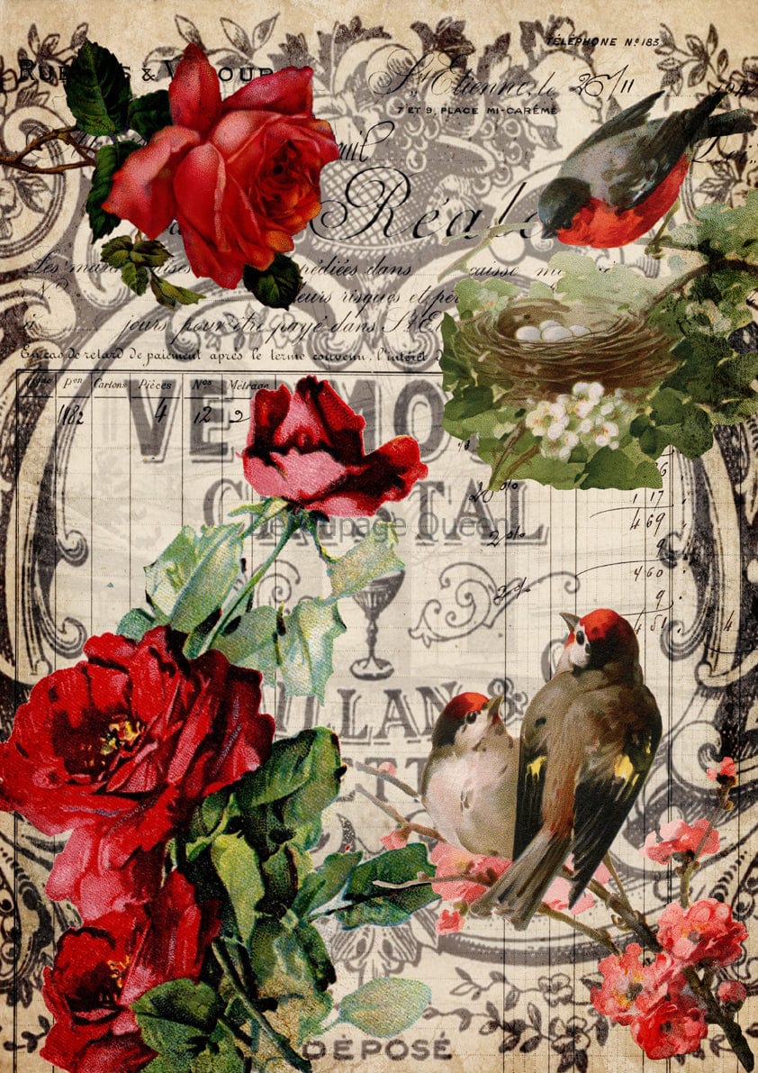 Red Roses and Birds Rice Paper Pickin' Boots Vintage